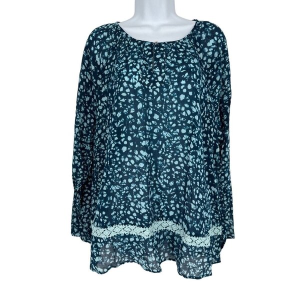 LOGO by Lori Goldstein Printed Gauze Top with Crochet Lace Size L - Picture 1 of 9